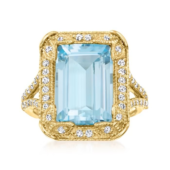 8 Carat Blue Topaz Ring w/ 50 ct.tw. White Topaz & 18kt Gold Over Sterling Size9 - Picture 1 of 9